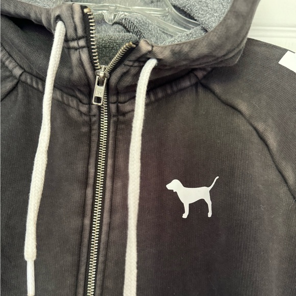 Victorias Secret Pink Distressed Hoodie Black Zip Up Sweater Size Small Dog Logo - Picture 4 of 7